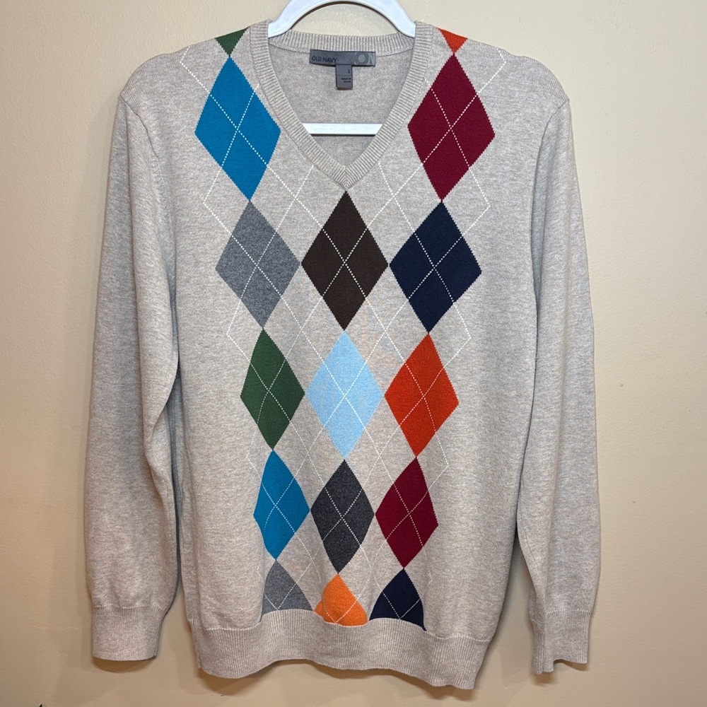 Old Navy V-Neck Sweater with Multicolor Argyle, Men’s S